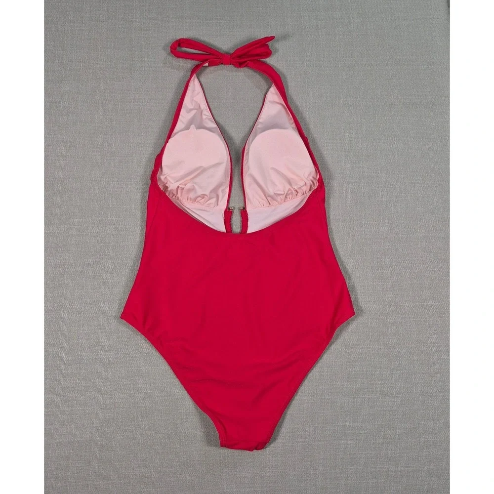 Cupshe Red Deep V Neck Ruched Halter One Piece‎ Swimsuit New Size L